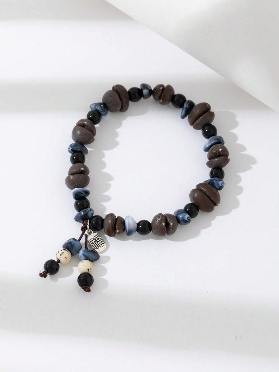 Coffee Bean Beaded Bracelet, Chinese Style, Natural Stone Small Blessing Pendant, Versatile For Men