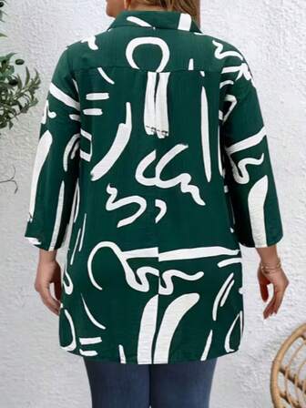 Jul Plus Size Normal längd Långärmad Skjorta i vävt tyg, Abstrakt Mönster, Skjortkrage