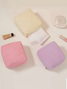 1pc Portable Quilted Solid Color Corduroy Sanitary Napkin Storage Bag, Large Capacity, Minimalist Style, For Storing Sanitary Pads, Liners And Tampons, Essential For Women, Suitable For Makeup Bag, Travel, Study Supplies, Holiday, Makeup Organizer, Holiday Winter Leopard Dachshund Lady Gift - Multicolor - View 3