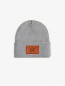 1pc Baby Leather Patch Vintage Letter Decor Grey Beanie, Choose From 26 Letters, Soft & Comfortable Unisex Infant Autumn/Winter Warm Hat, Suitable For Holidays, Birthdays, Daily Wear - Grey - View 19