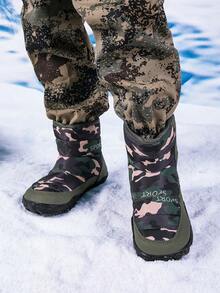 1雙兒童不對稱圖案魔鬼氈易穿保暖雪地靴，男孩女孩通用，秋冬款，適合戶外旅行與學校活動 - 軍綠色 - 查看 5