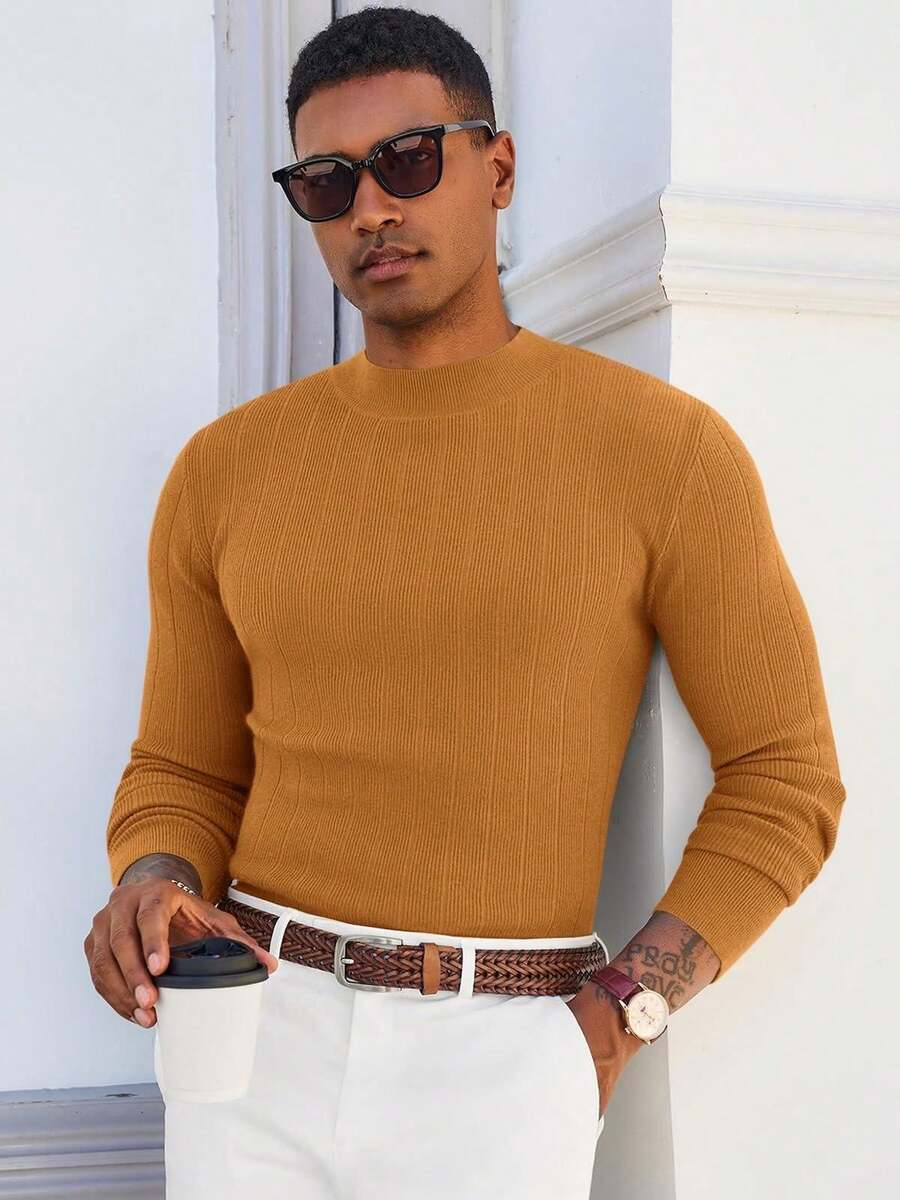 Men's Slim Fit Mock Turtleneck Sweater Casual Ribbed Knitted Pullover Basic Warm Wear For Fall/Winter - 摩卡棕 - 查看 1