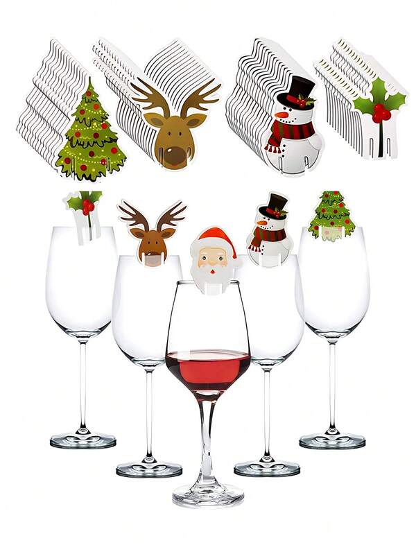 100 Piezas Marcadores de Copas de Vino Navideños - Adornos de Copas de Vino con Diseños de Papá Noel, Muñeco de Nieve, Árbol - Pegatinas Decorativas para Copas para Hogar, Mesa, Tarjetas de Lugar - Regalos de Navidad, Decoración de Fiesta de Año Nuevo, Decoraciones Navideñas para Interiores, Adornos para Fiestas Navideñas, Centros de Mesa Navideños