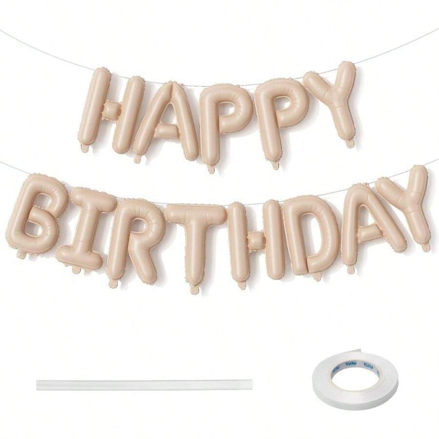 Happy Birthday Balloon Beige, 16 Inch Neutral Tan Self Inflating Happy Birthday Foil Balloon, Born Day Bunting Letter Balloons Men Women Bday Party Decorations Supplies - 裸體 - 查看 1