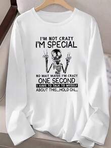 Casual Women's White Long Sleeve T-Shirt With Funny Skeleton Graphic Print Round Neck Drop Shoulder Top Loose Fit Knitted Fabric - White - View 2