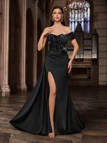 QOQ Fashion Elegant Sequins Splicing Women Party Evening Gown Chic Summer Formal Dress For Dinner Party, Birthday Party, Galas, Graduation Season Prom, Homecoming