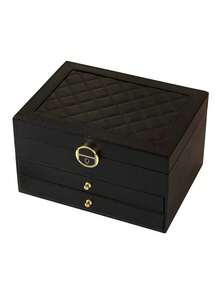 1pc Three-Layer Jewelry Storage Box, Dressing Table With Drawer Jewelry Storage Box, Gift Leather Jewelry Box, Portable Jewelry Storage Box, Desktop Storage Drawer Box, Stackable Storage Box, Can Store Watches, Necklaces, Rings, Pendants, Bracelets And Other Multi-Functional Jewelry Storage Boxes, Exterior With Locking Leather Design,