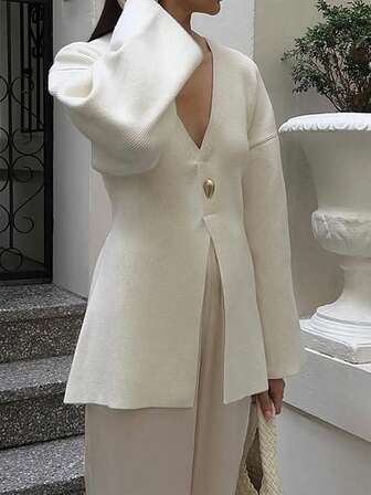 PoPoHouse Women's Winter Clothes Elegant Office-Style Deep V-Neck Long-Sleeved White Sweater Top