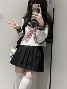 1 قطعة بدلة بحرية ذات 3 قطع بأكمام طويلة بطراز مدرسي ياباني كاواييي لفصلي الربيع والخريف، باللون الأزرق الكحلي والوردي، مناسبة للعب الأدوار المدرسية والتخرج والكوسبلاي والمناسبات الرومانسية كعشاء عيد الحب وتناول الشاي بعد الظهر - متعدد الألوان - مشاهدة 1