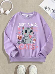 少女连体可爱猫咪印花长袖轻便卫衣，面料柔软，夏秋休闲装 - 紫色 - 查看 2