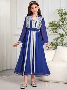 Tween Girls Middle East Style Embroidered Cardigan Dress, 2 In 1 Set With Belt - Blue - View 4
