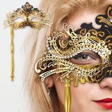 JewelryWe Jewelry Masquerade Mask Mask With Stick Venetian Lace Eye Mask Lace Mask Face Costume For Halloween Carnival Party Cosplay - 黑金色 - 查看 3