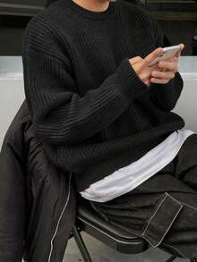 1pc Boy & Boys' Simple Solid Color Comfortable Casual Outdoor Loose Hollow Knit Sweater, Crew Neck Pullover, Thick For Autumn/Winter - Black - View 3