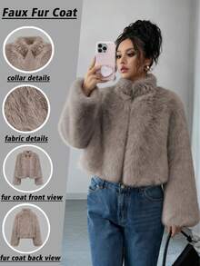 女士休闲百搭米色街头时尚柔软人造毛皮开衫夹克，适合冬季 - 卡其色 - 查看 5