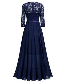 MIUSOL Elegant Women's Floral Lace Bodice Trim Navy Blue Chiffon Maxi Dress, Round Neck, 3/4 Sleeves, Ruffle Flowy Hem, For Wedding Guest, Evening Party, Formal Event, Prom - 藏蓝色 - 查看 4