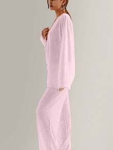 A Set Of Plain-Colored Semi-Transparent Fabric V-Neck Lace Long-Sleeved, Waist-Tied Straight-Leg Pants For Home Pajamas - Hồng - Xem 4