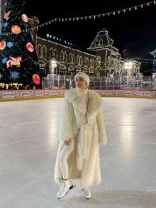 Women's Beige Large Lapel Long Fur Coat (With Belt), Winter Clothing, Old Money Outfit,A Fashionable Front-Opening Plush Large Lapel Faux Fur Coat For Winter Women's Wear,Christmas,Festival Clothing