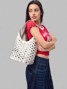 DareSee 1pc Punk Style Embellished Double-Faced Round Rivet Inlaid Niche Luxury Bucket Bag Chic Lady Underarm Large Capacity Shoulder Bag, High-End Design For Office Work Music Fest Y2KFest Back To School Autumn Winter Gifts - Beige - View 5