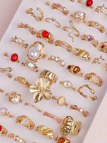 11pcs/Set Delicate Cute Pink Rhinestone Rings, Birthday Party Gifts For Girls & Boys, Accessories For Daily Wear - 11 Cat's Eye Rhinestone Ring - Gold - View 5