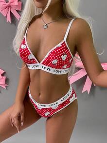 SANRIO [WONDER WORLD]2pcs Hello Kitty Women's Printed Triangle Cup Bra + Elastic Waist Triangle Panty Set - 紅色 - 查看 2
