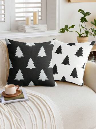 2pcs Geometric Christmas Tree Linen Throw Pillow Covers, Black & White Pattern, 18"X18" Decorative Cushion Covers For Sofa, Bedroom, Car, Holiday Decor Christmas Decorations Christmas Decoration Christmas Decorations Home Room Decor Home Decor