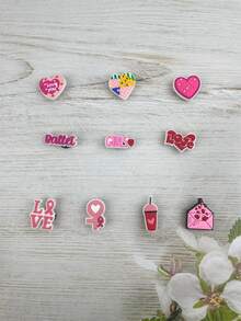 10 Peças/Conjunto Acessórios de Sandália e Pulseira com Padrão de Coração e Letra Cartoon, Rosa, Chinelos e Decoração de Celular, Adequado para Casais, Presentes de Aniversário e Feriados