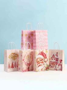 24 bolsas de regalo de Navidad rosas con estampados de Papá Noel y renos - Bolsas de papel kraft, adecuadas para regalos navideños, recuerdos de fiesta y compras - Excelentes para celebraciones de cumpleaños y manualidades