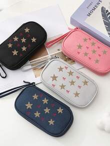 1 pièce Sac de rangement à fermeture éclair à simple couche avec un cordon, imprimé d'un motif d'étoile à cinq branches et d'un nœud rouge. Sac de rangement multifonctionnel, pour câbles de données, écouteurs, sac de rangement portable pour les voyages
