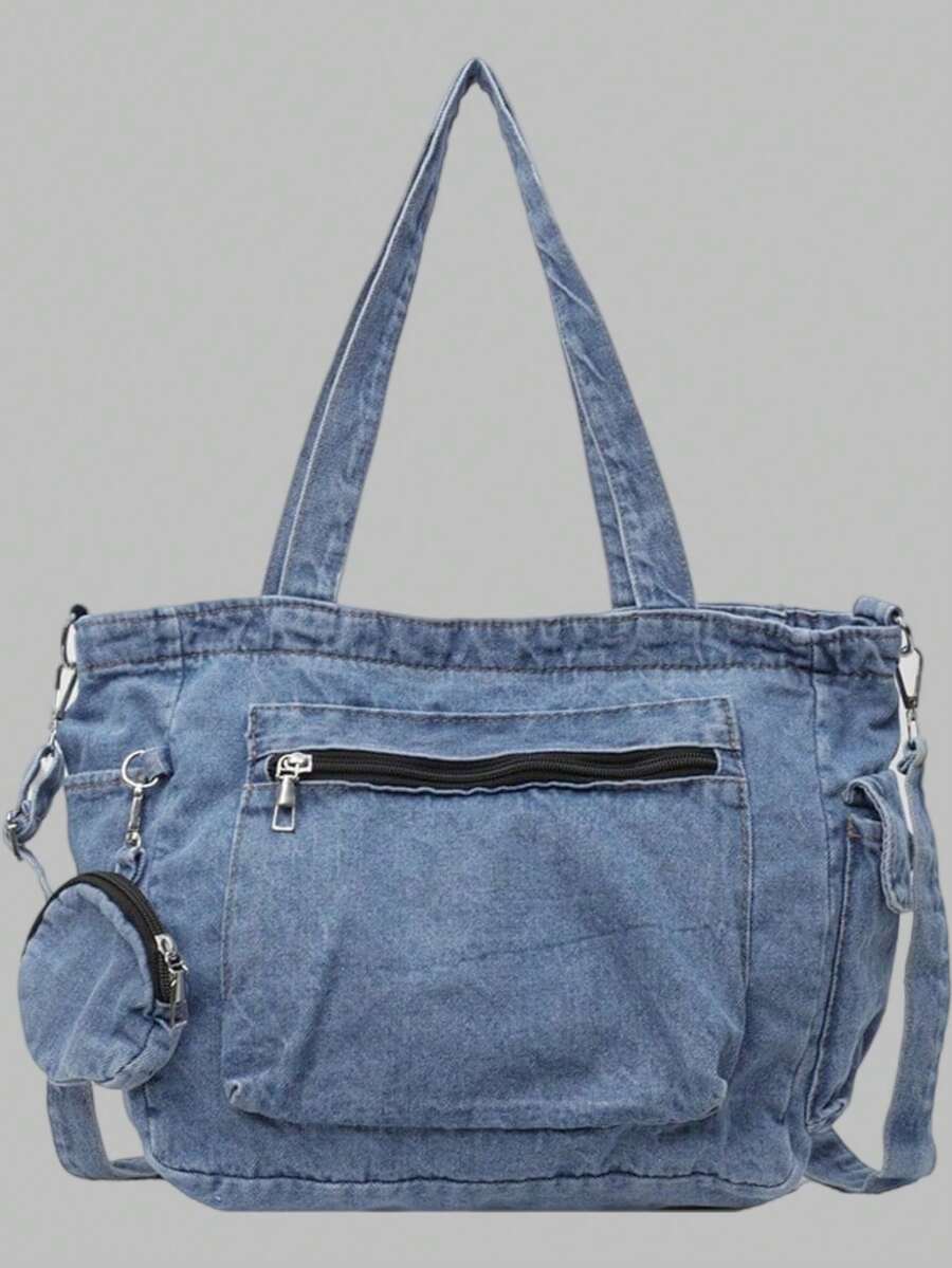 DareSee Sac fourre-tout en denim de couleur unie avec plusieurs poches pour femmes, incluant un porte-monnaie, pour festival de musique, festival Y2K, rentrée scolaire, cadeaux d'automne et d'hiver, festival de musique, rentrée scolaire - Bleu azur - Voir 1