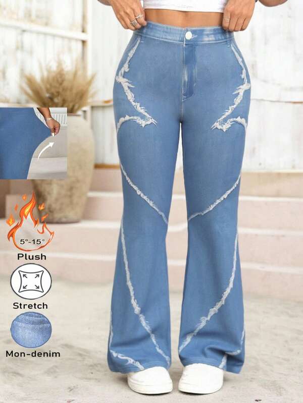 Plus Size Asymmetrical Line Print Loose Thermal Lined Pants, Winter