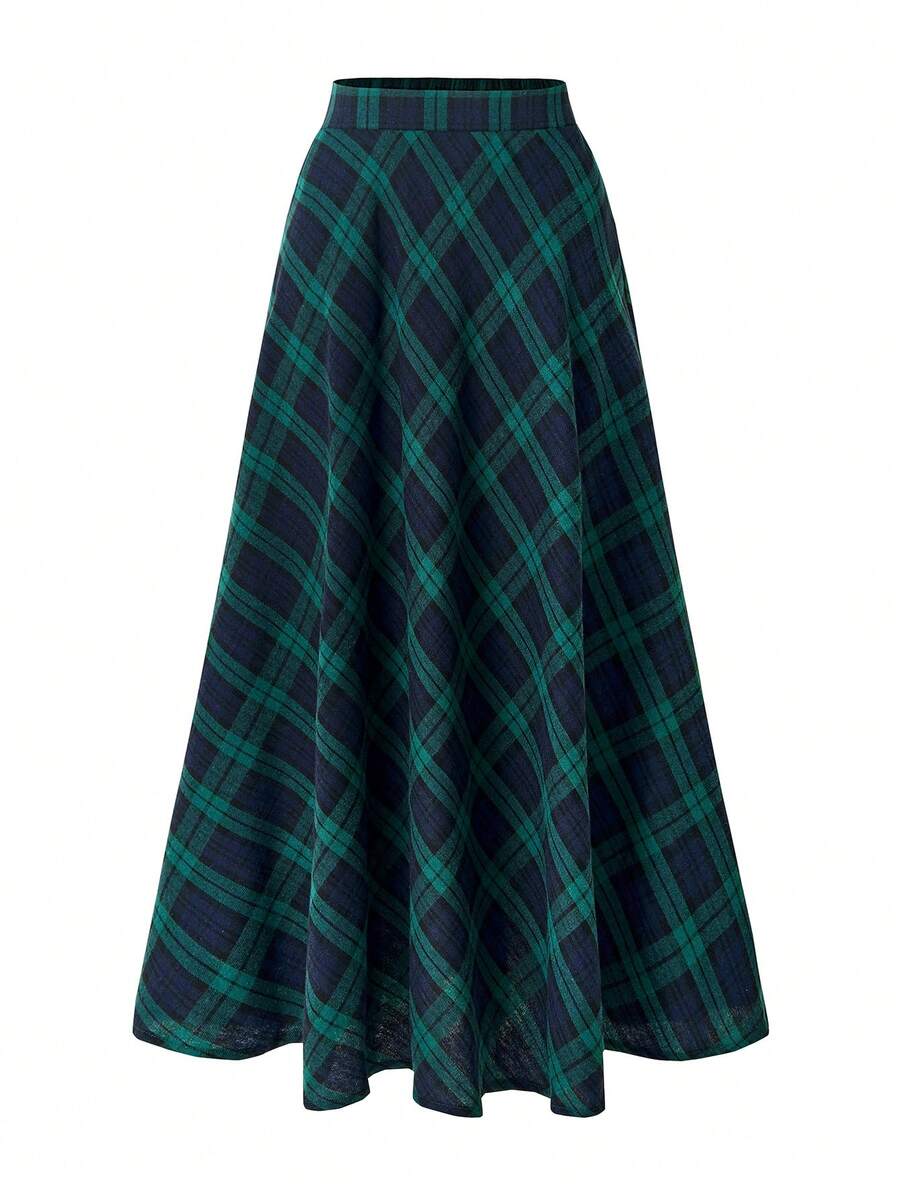 Women's Versatile Plaid A-Line Skirt, Casual For Daily Wear - Dark Green - View 1