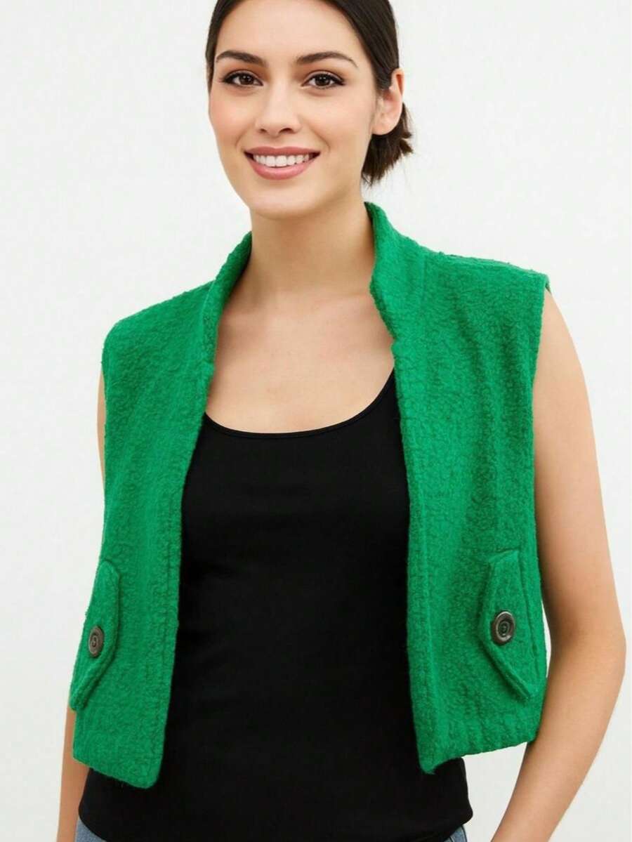 Chaleco Crop con Bolsillos y Botones Decorativos Mujer.  Tweed de Alta Calidad. - Verde - Ver 1