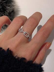 1pc Hip Hop Style Sparkling Cubic Zirconia Cuban Link Ring For Women - Silver - View 1