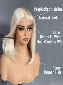 Platinum Blonde Straight Wig Human Hair 250 Density Bob Glueless Wigs Human Hair Pre Plucked With Baby Hair Put On And Go Brazilian Virgin Colored 13x4 HD Transparent Short Silky Straight Lace Front Wigs Human Natural Hairline - 米色 - 查看 3