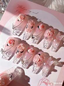 ! !Random Style. 10Pcs/Set Delicate 3D Floral & Butterfly Handmade Nail Art, Valentine'S Day Nails, Long Coffin-Shaped Faux Pearl Wavy French Fake Nails For Women Diy Spring/Summer Nail Art, Suitable For New Year Nails, Wedding Bride Nails Press On Nails Nail Supplies Nails