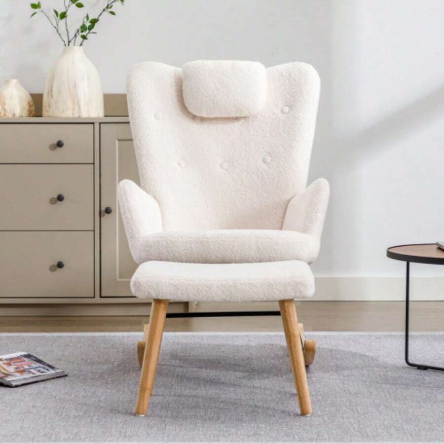Comfortable White Rocking Chair, Soft Teddy Bear Plush Rocking Chair With Headrest And Footrest - Load Capacity Up To 100 Kg - White - View 1