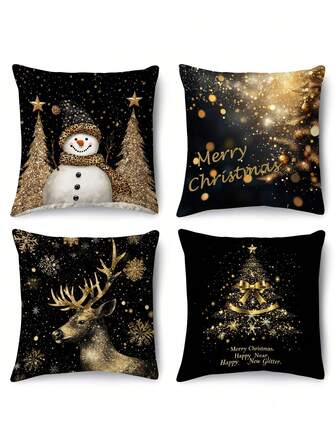 4 件金色圣诞枕套，优雅的圣诞枕套，带有雪人、驯鹿和圣诞树卡通图案，涤纶单面印花靠垫套，适合圣诞节家居装饰，适用于沙发、床、椅子、卧室、客厅、农舍门廊，可机洗，拉链开合，不含枕芯