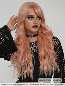 AKAKO 26 Inch Orange Pink Long Wavy Wig With Curtain Bangs, High Quality Heat-Resistant Fiber Synthetic Wave Curly Hair Wig, Gorgeous Goth Style Costume Wigs For Women Halloween Party Masquerade Ball,Music Festivals & Carnival Use