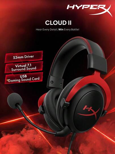 HyperX Auriculares para juegos Cloud II con tarjeta de sonido USB, sonido envolvente 7.1, almohadillas de espuma de memoria, marco de aluminio duradero, micrófono desmontable, compatible con PC y consolas de juegos