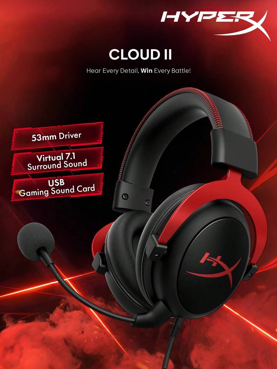 HyperX Tai nghe chơi game Cloud II với card âm thanh USB, âm thanh vòm 7.1, đệm tai bằng mút hoạt tính, khung nhôm bền chắc, micro có thể tháo rời, tương thích với PC và máy chơi game.