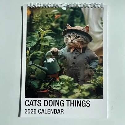 2026 Cats Doing Things Wall Calendar - Whimsical Feline Artwork With Coffee, Gardening & Skiing Themes, Monthly Planner For Home & Office Decor, Cat Decor