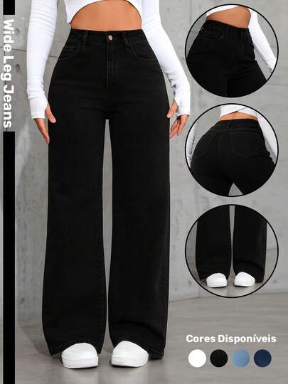Calça Jeans Wide Leg Pantalona Femini Cintura Alta Tecido Premium Confortável Preta