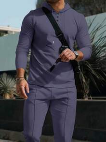 Bộ đồ nam thường ngày 2 món - Áo hoodie và quần ống rộng màu trơn mềm mại, thoáng khí, trang phục thể thao thoải mái phù hợp cho các hoạt động hàng ngày và mặc vào mùa thu. - Màu tím hoa cà - Xem 3