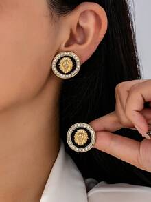 1 Pair Fashionable European & American Design Enamel Inlaid Pearl & Rhinestone Round Earrings, High-End Chic Stud Earrings For Women