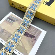 10 Meter lebendige bestickte Organza-Spitze - Chinesischer Stil, transparentes goldenes Blumenmuster mit Pailletten und Quasten, geeignet für DIY-Basteleien, Accessoires, Bekleidungsbesätze, Damen-Wäsche (Pink/Rot/Blau/Türkis), bestickter Spitzenbesatz