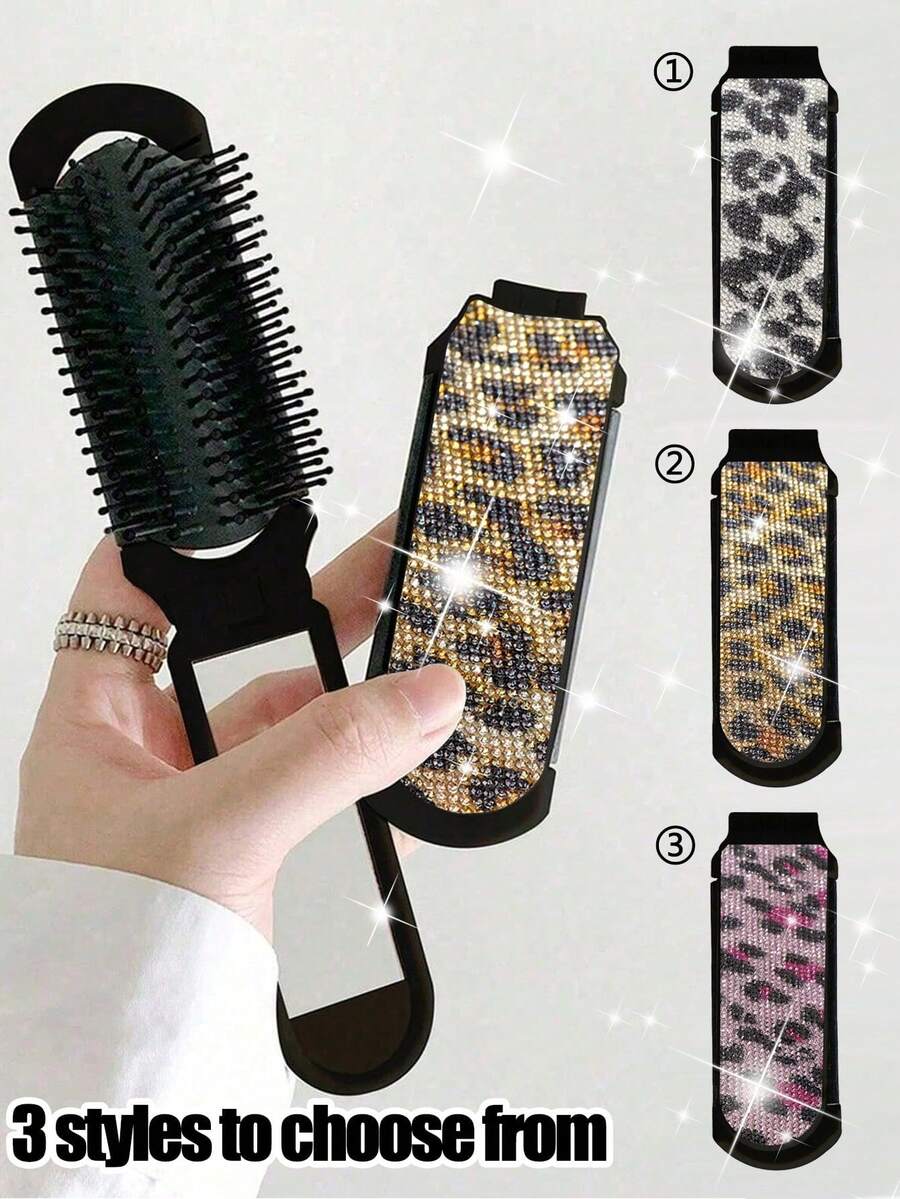Leopard Print Folding Mirror Comb – 3 Styles Portable Compact Mirror With Built-In Air Cushion Brush, Foldable Mini Travel Makeup Mirror & Massage Comb All-In-One, Stylish Leopard Pattern Pocket Cosmetic Tool, Polished Plastic Frame, Lightweight & Convenient For Women, Teen Girls & Beauty Lovers, Perfect For Daily Hair Styling, Makeup Touch-Ups, School