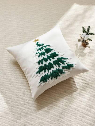 1pc Christmas Star Christmas Tree Embroidered Throw Pillow Cover, Suitable For Indoor Decoration, Christmas Decorative Pillow Cover, Pillow Insert Not Included
