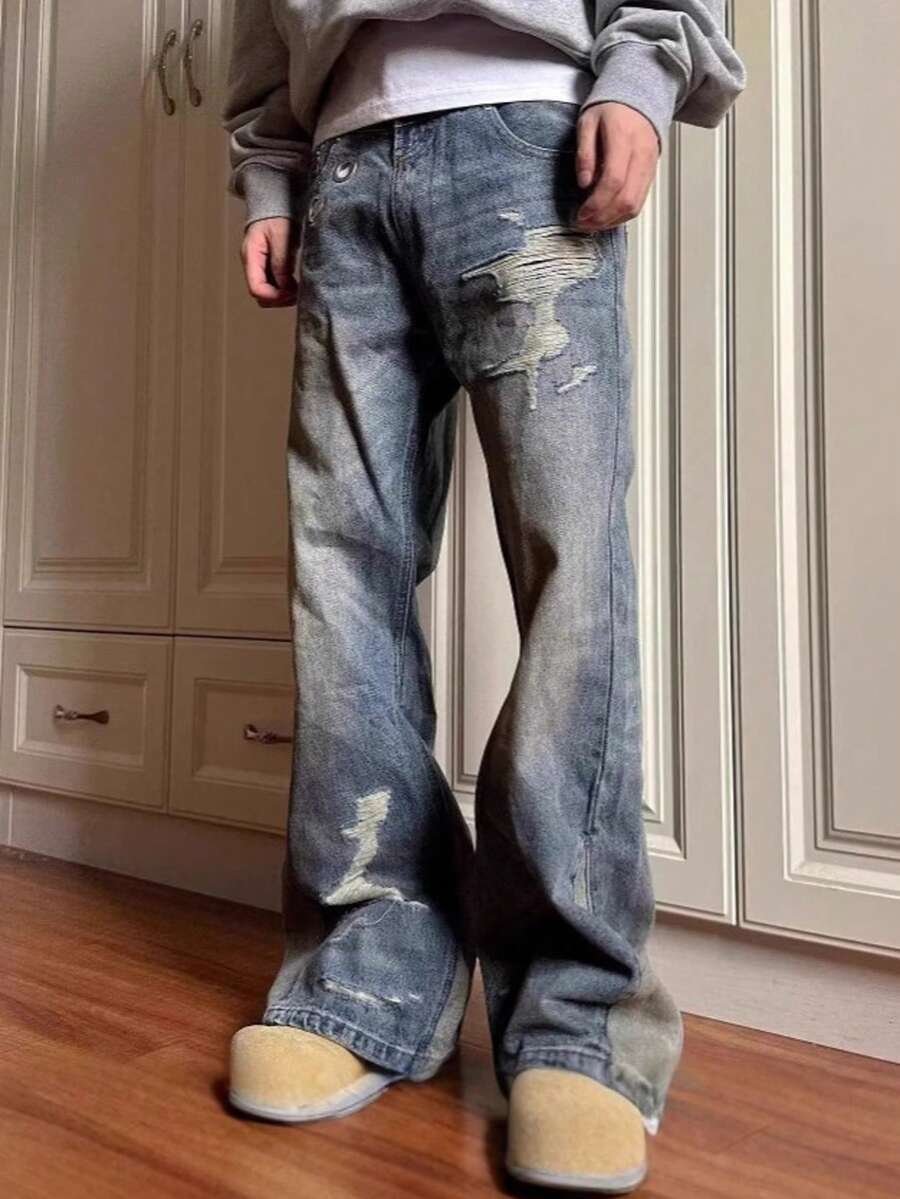 2025 Spring/Autumn American Retro Double Waist Head Jeans With Cutting Design, Niche Vintage, Loose Straight Leg, Men's And Women's Styles