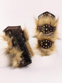 1件手工维京PU皮革和人造毛皮护臂：中世纪北欧护臂 - 彩色 - 查看 5