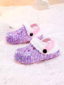 1 Pair Girls' Comfortable Fashion Casual Purple Heart Print Versatile Thermal Lined Warm Clogs, Autumn/Winter - Pink - View 5